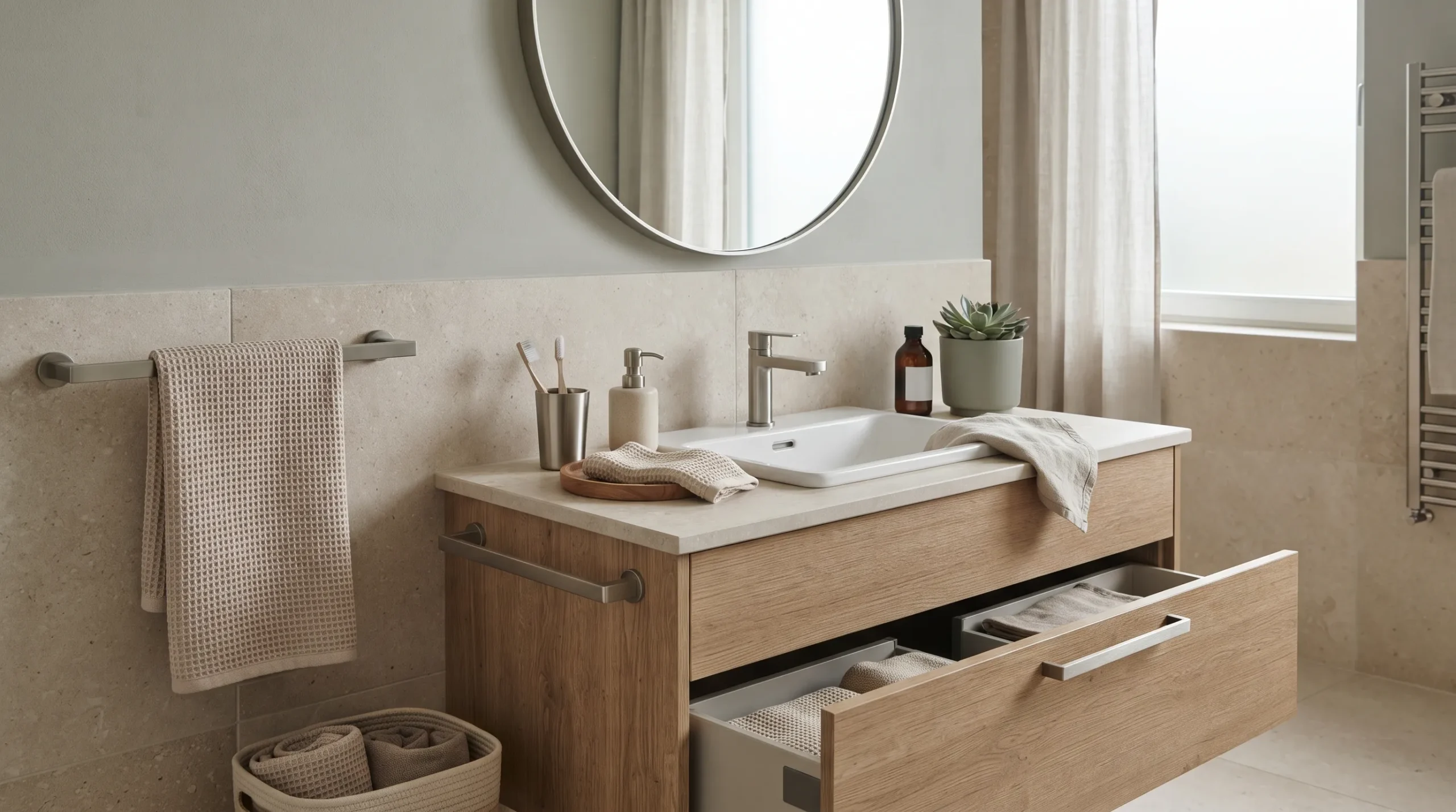 Modern organisierter Waschtisch in einem hellen Badezimmer